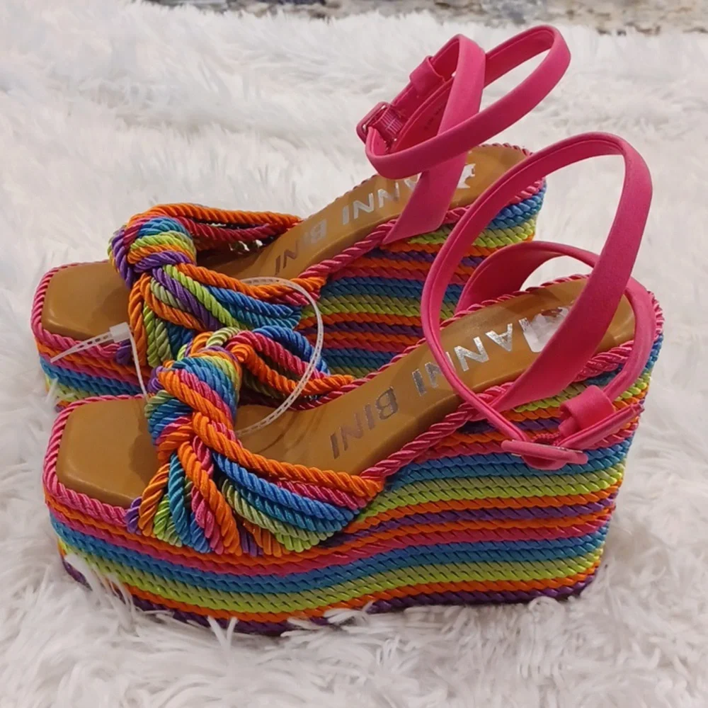 Gianni Bini Rainbow Striped Platform Sandals with Pink Straps